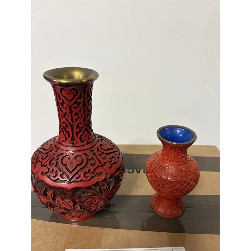 2pc Red Metal Bottle Vases Set Floral Carved Black/Gold Accents Blue Interior